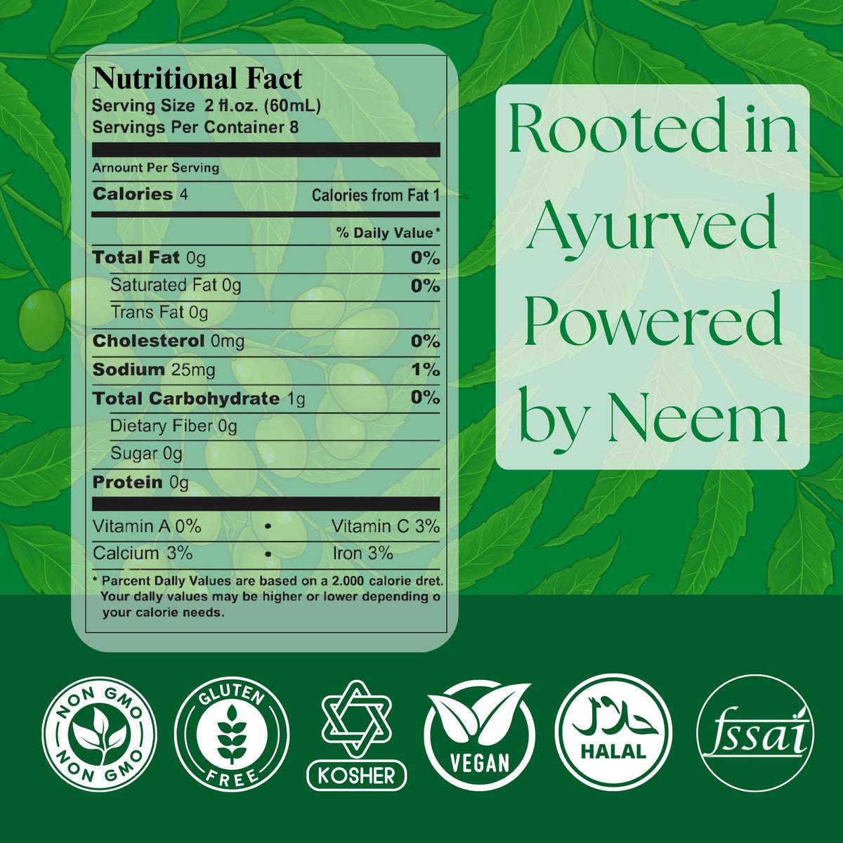 BASIC AYURVEDA Jus de Neem 480ml étiquette et contenu