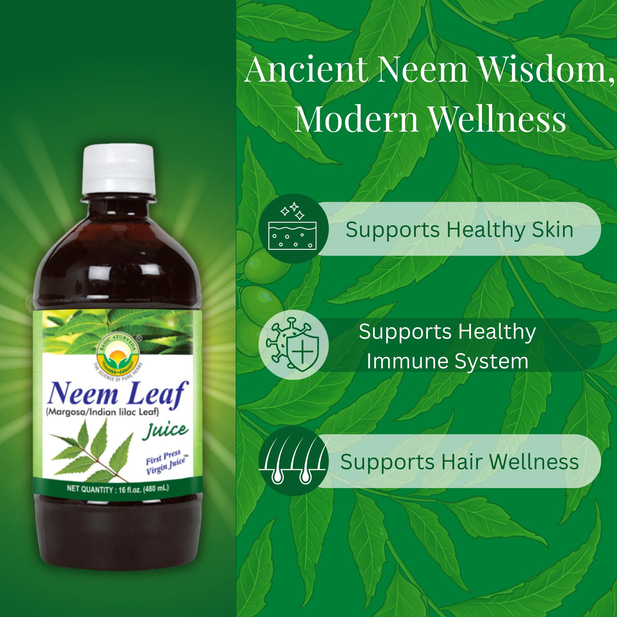 BASIC AYURVEDA Jus de Neem 480ml format avec verre