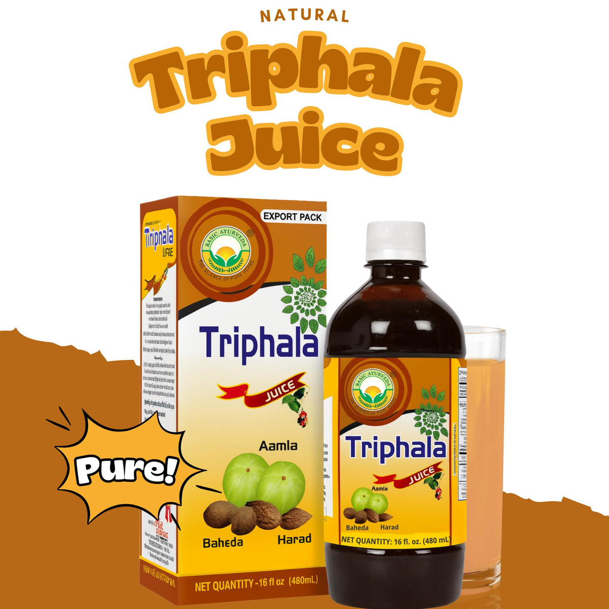 BASIC AYURVEDA Jus de Triphala 480ml avec verre d'eau