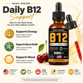 BASIC GREENS gouttes de vitamine B12 avec étiquette cerise