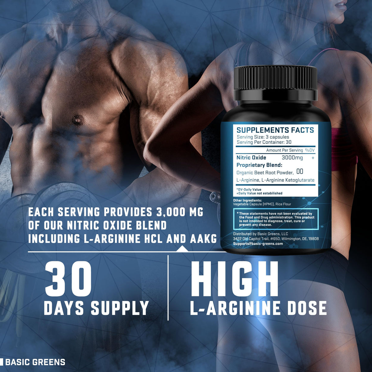 BASIC GREENS L-Arginine 3000mg capsules ouvertes montrant le contenu