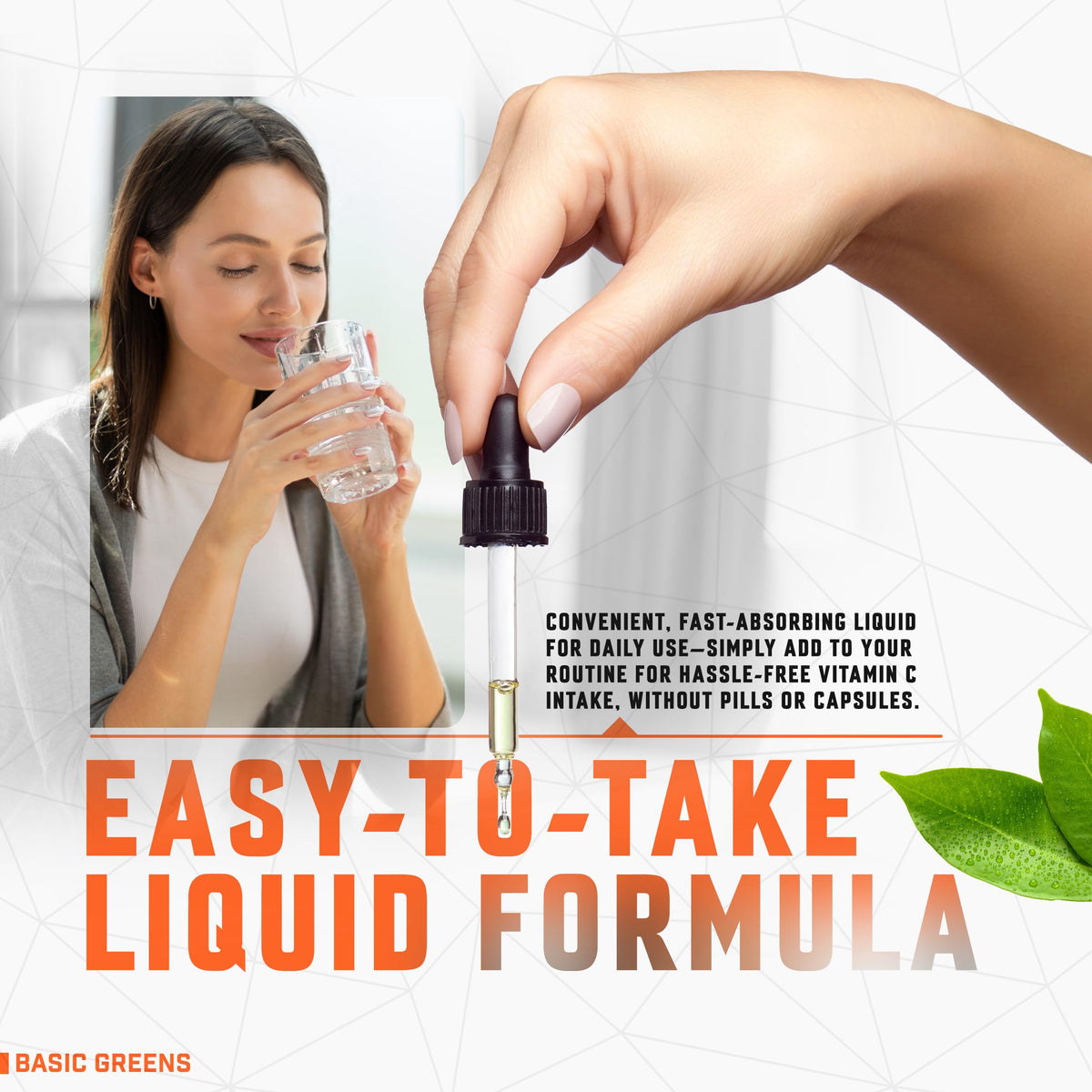 BASIC GREENS Vitamine C Liposomale 6000mg avec un verre d'eau