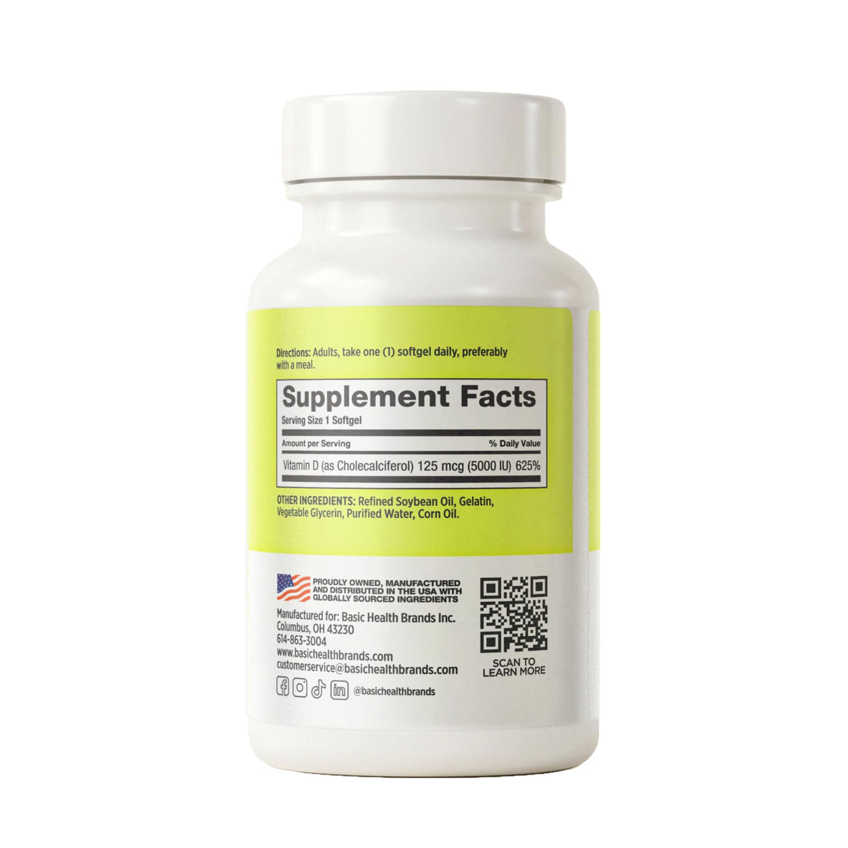 Basic Organics Vitamine D3 5000 IU gélules faciles à avaler