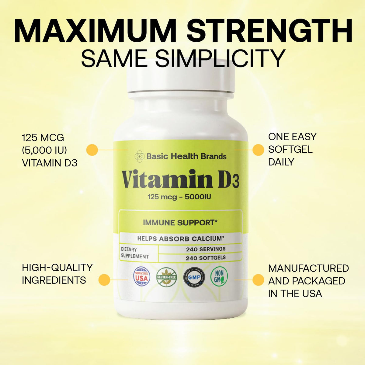 Basic Organics Vitamine D3 5000 IU gélules molles sur une surface blanche