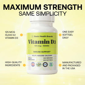 Basic Organics Vitamine D3 5000 IU gélules molles sur une surface blanche