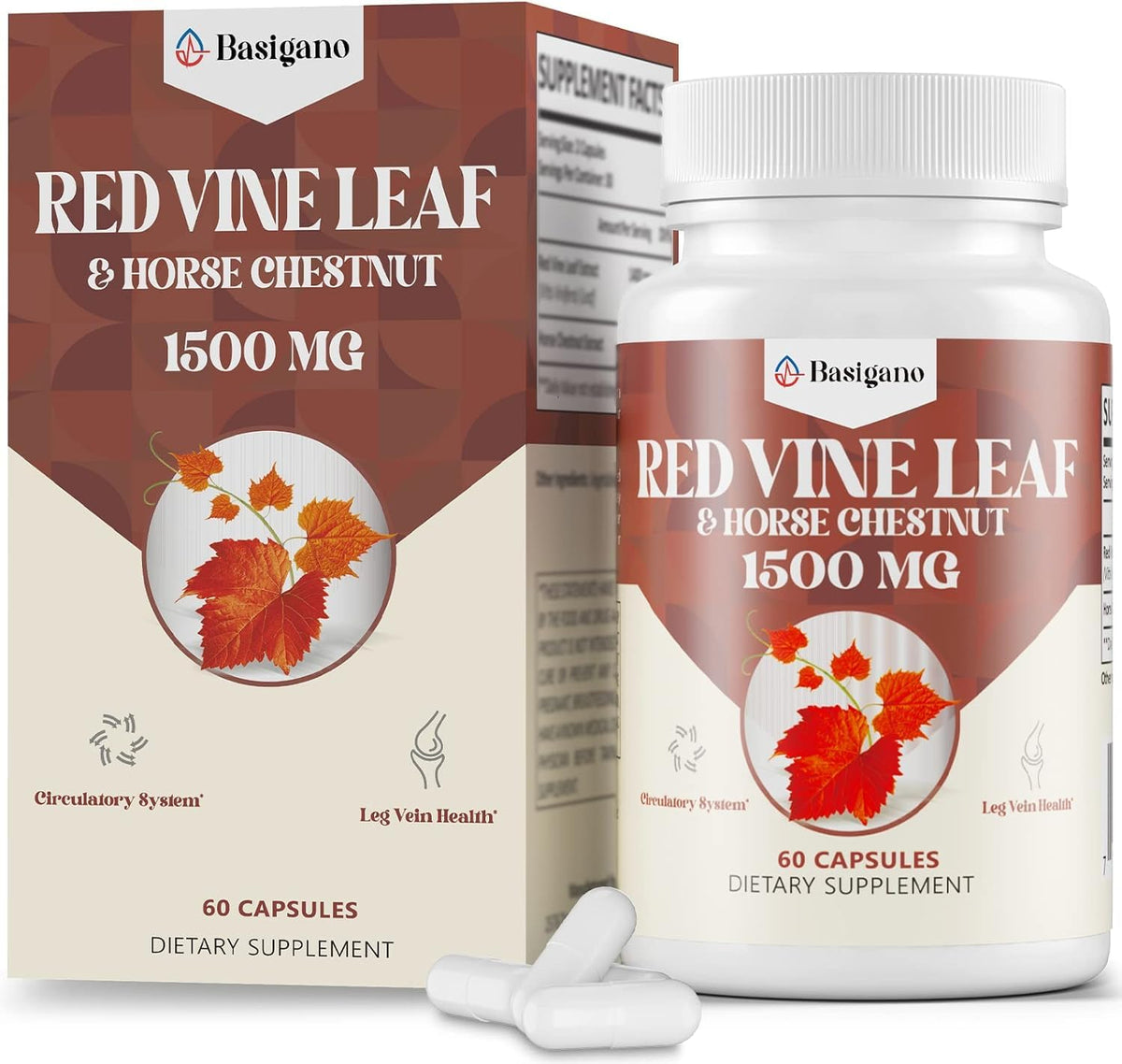Basigano capsules de feuilles de vigne rouge et marronnier, emballage avant