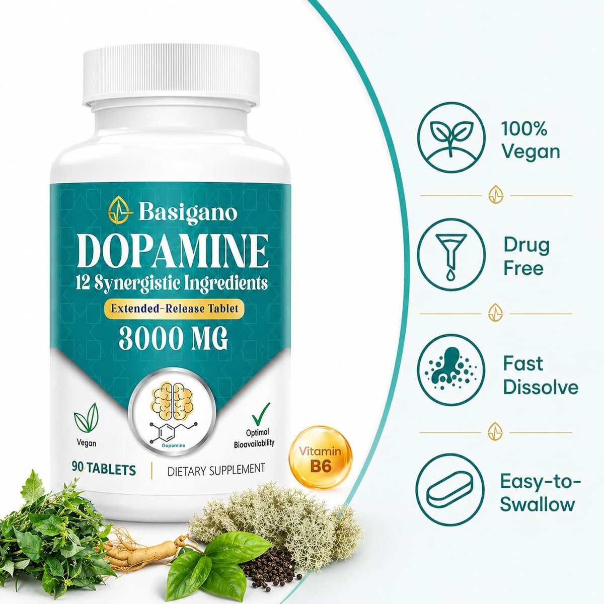 Basigano Complément Alimentaire Dopamine 259g arrière de l'emballage