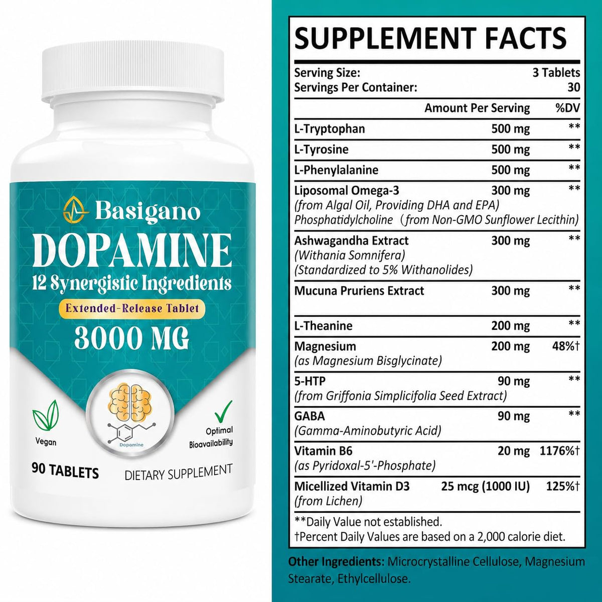 Basigano Complément Alimentaire Dopamine 259g étiquette et ingrédients