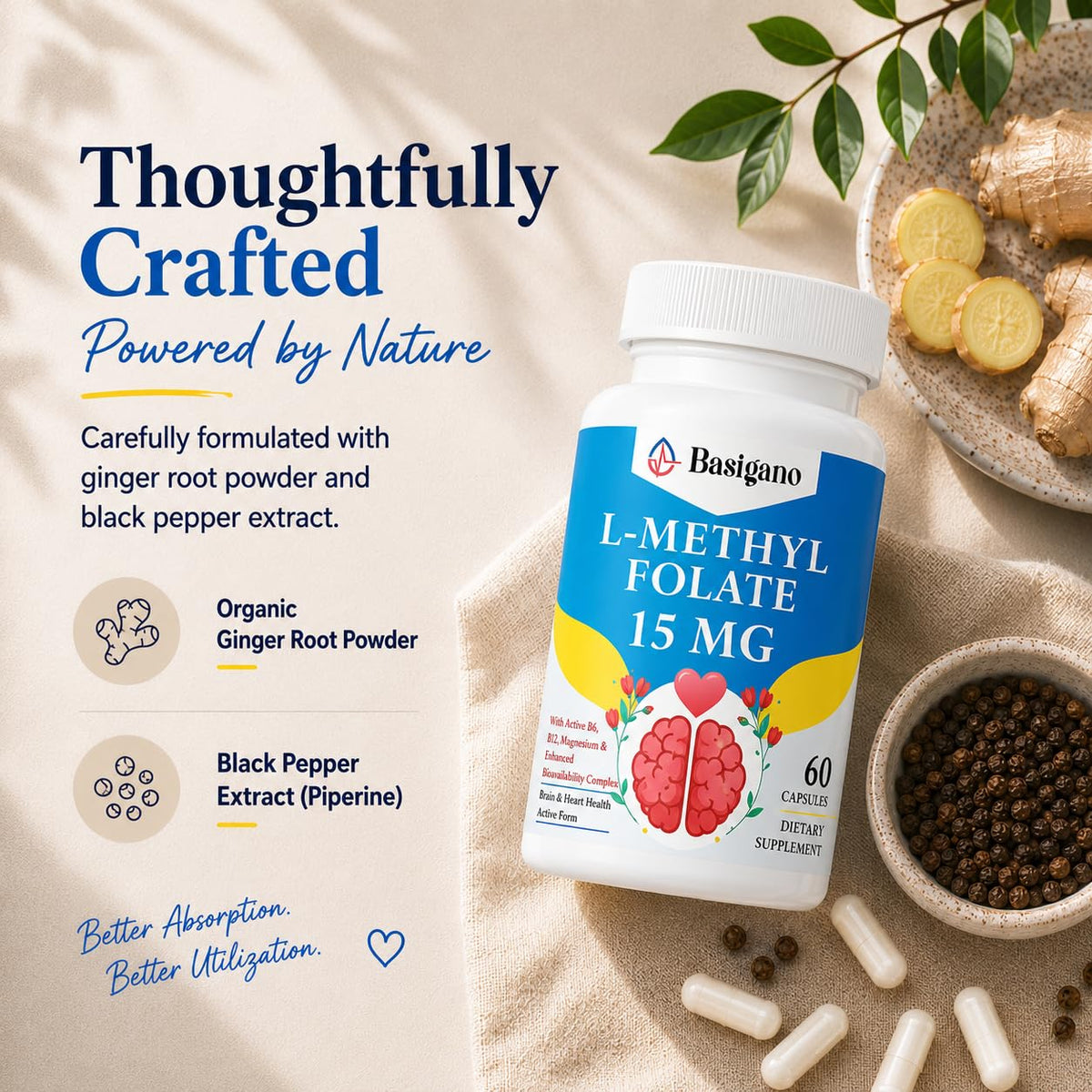 Basigano L-Méthylfolate 15mg capsules à côté d'une tasse de thé
