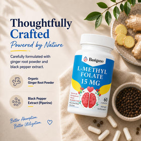 Basigano L-Méthylfolate 15mg capsules à côté d'une tasse de thé