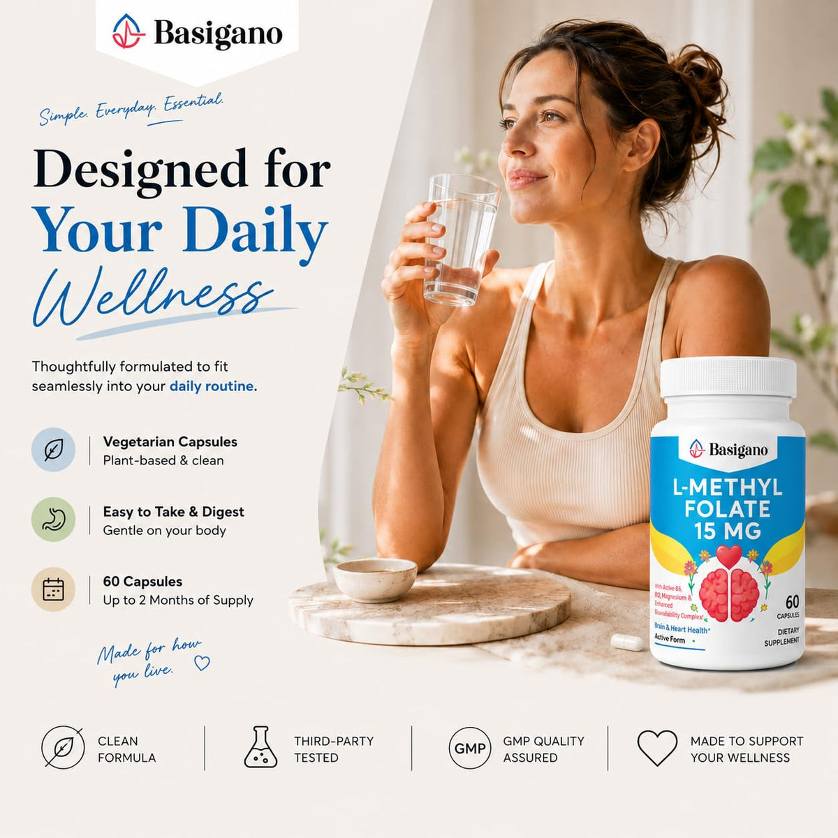 Basigano L-Méthylfolate 15mg capsules avec extrait de poivre noir