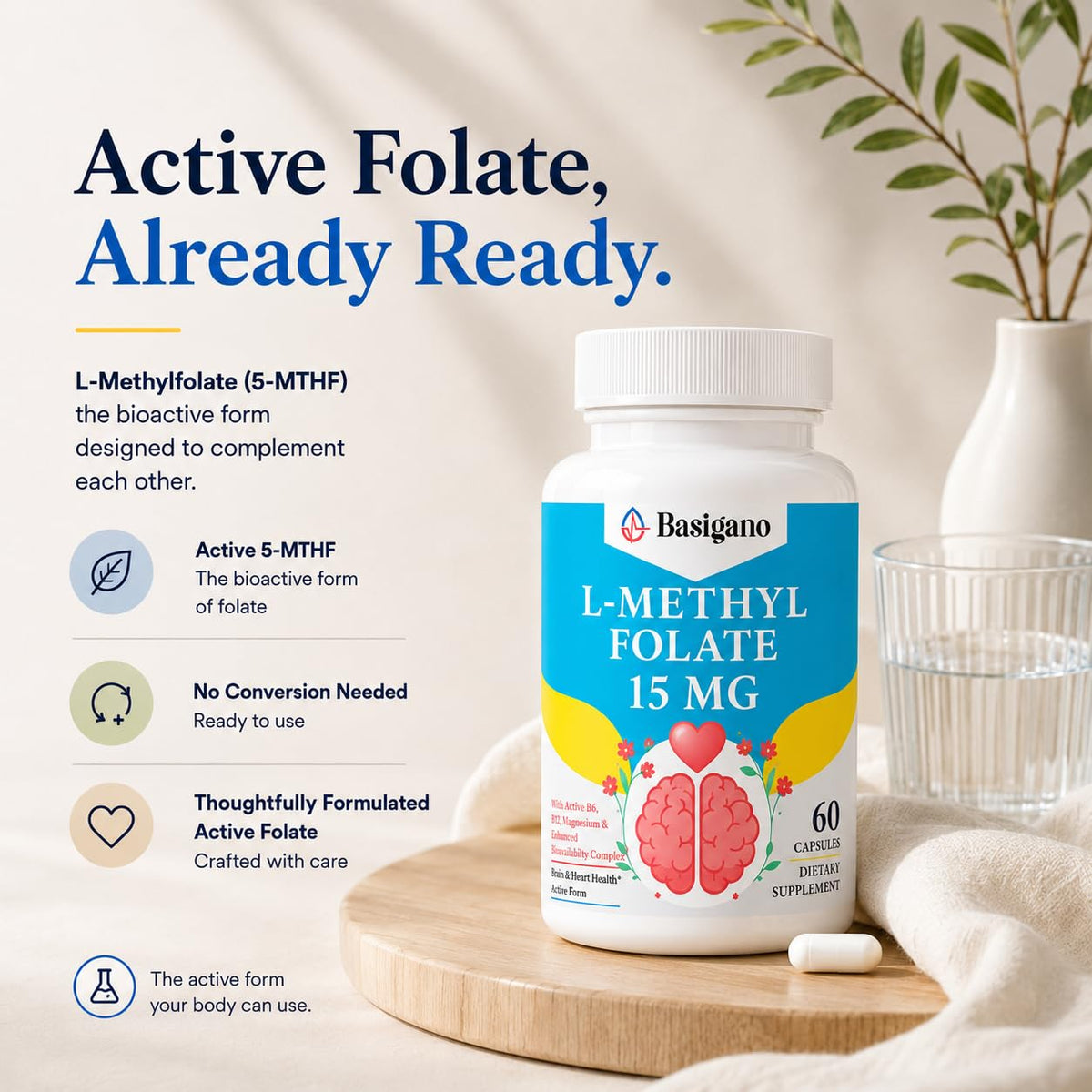 Basigano L-Méthylfolate 15mg capsules végétales sur une table