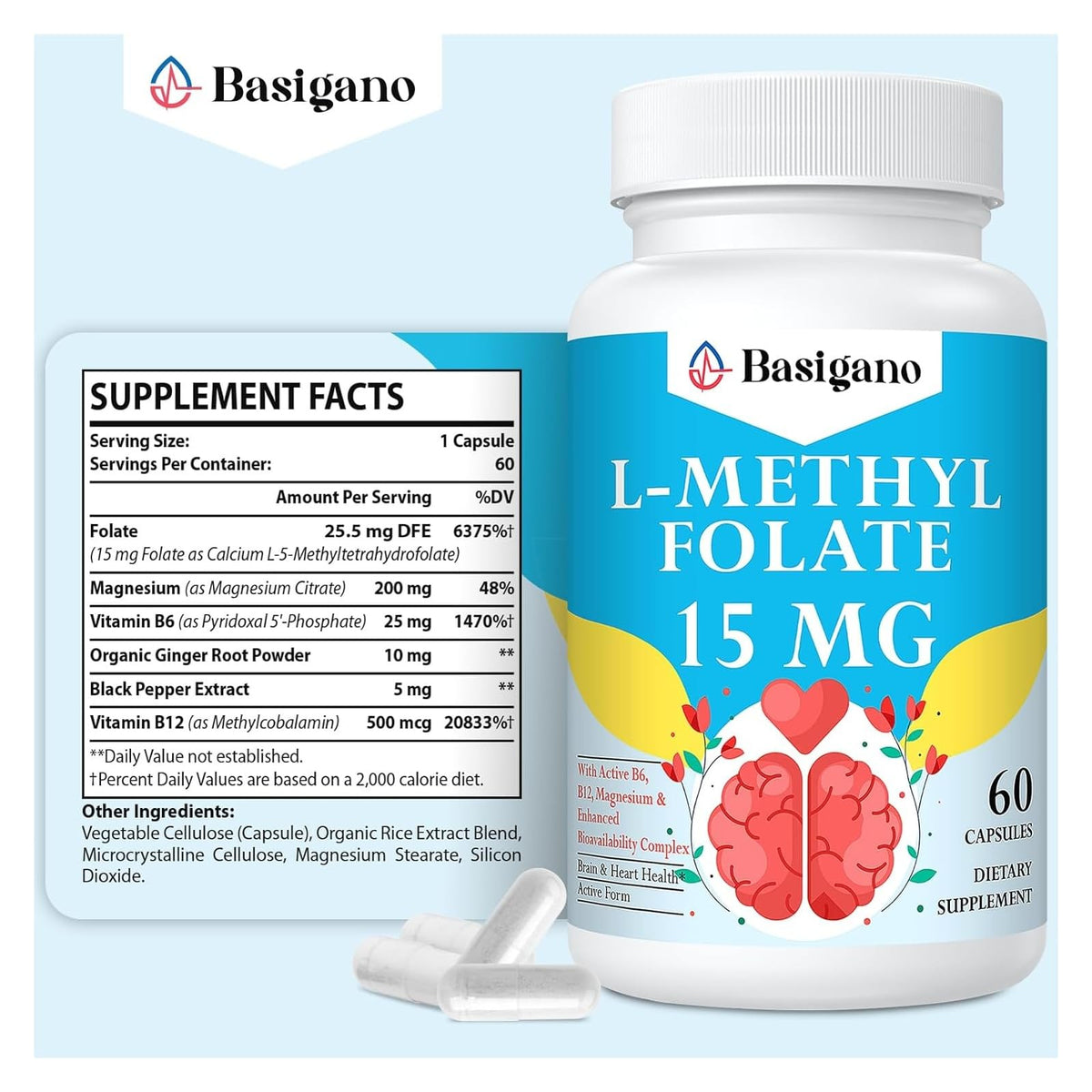 Basigano L-Méthylfolate 15mg capsules végétariennes en gros plan