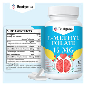 Basigano L-Méthylfolate 15mg capsules végétariennes en gros plan