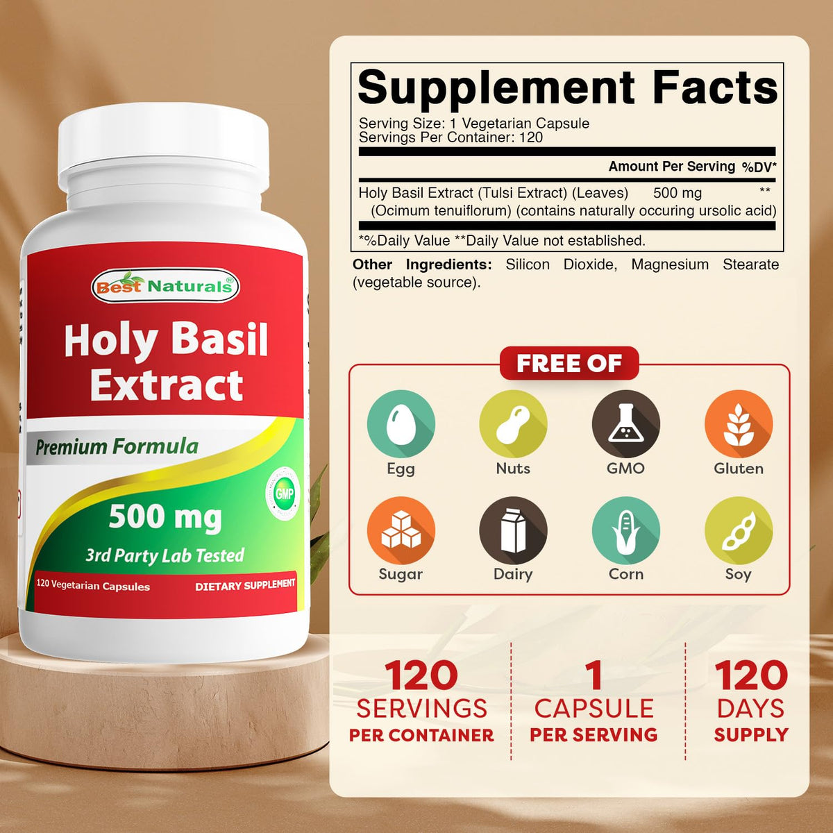 Basilic Sacré Best Naturals étiquette de la bouteille avec ingrédients