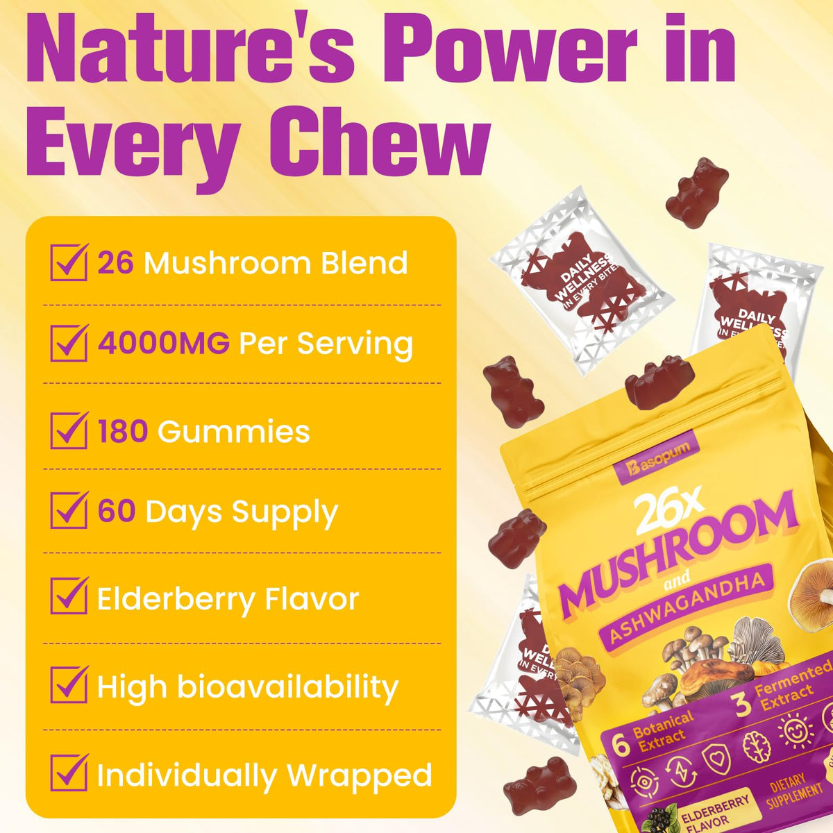 Basopum Gummies Champignons 4000mg, paquet ouvert avec gummies visibles