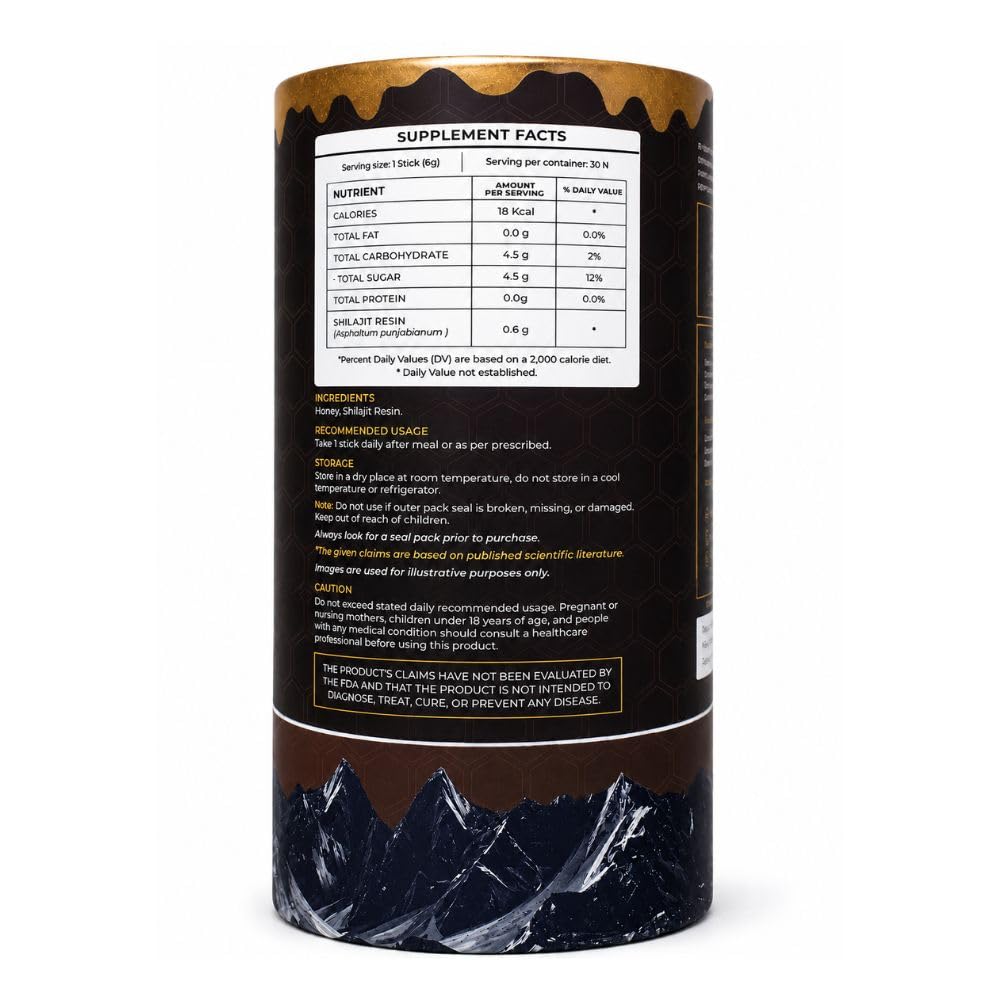 Bâtonnet de miel Shilajit Himalayen, vue de côté montrant le chocolat noir