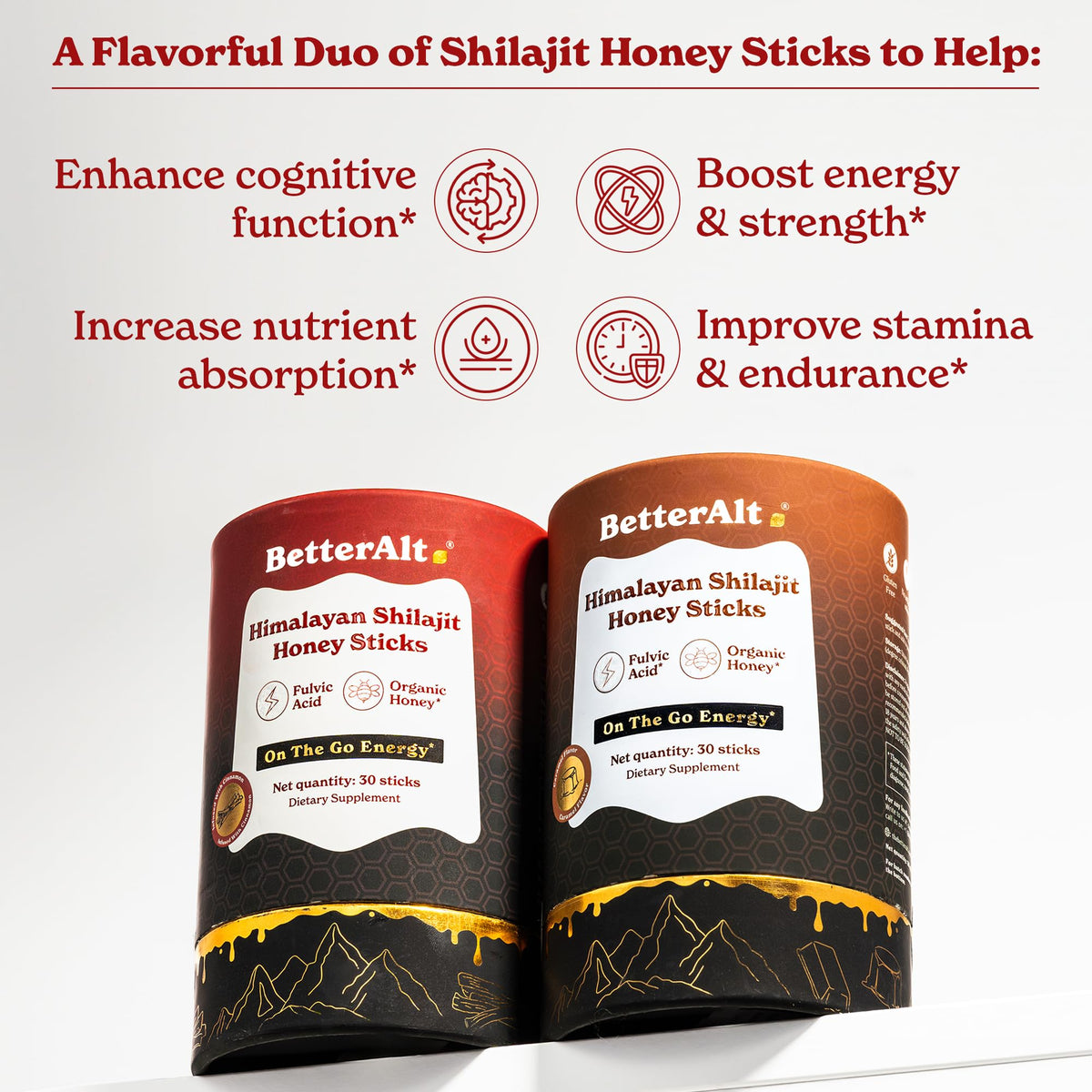 Bâtonnets Better Alt Shilajit sur une table en bois, présentation naturelle
