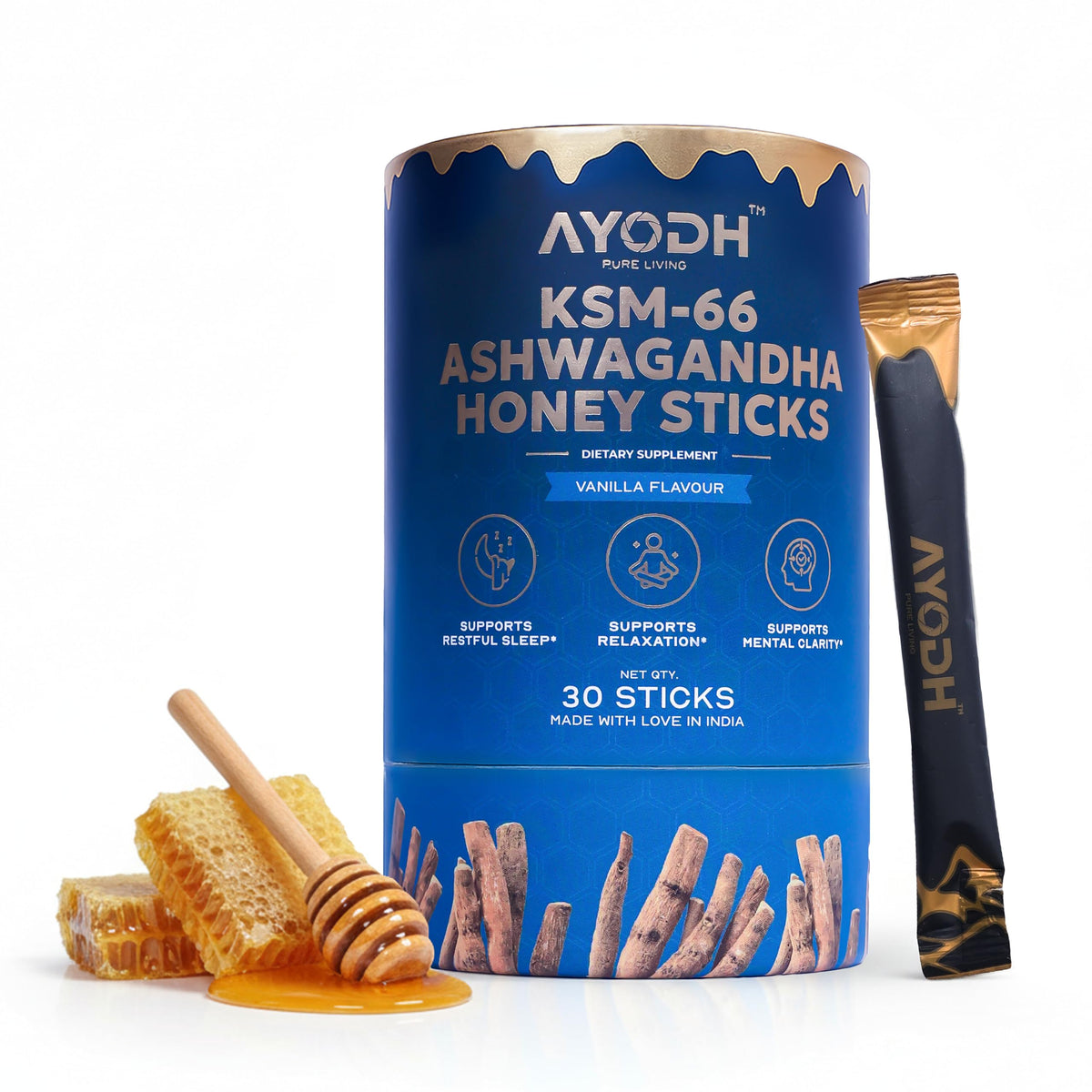Bâtonnets de miel Ashwagandha KSM-66 AYODH en paquet