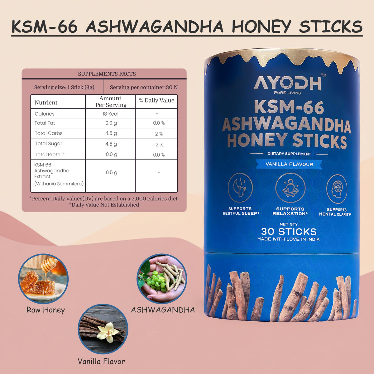 Bâtonnets de miel Ashwagandha KSM-66 dans un bol avec des fruits