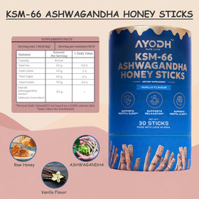 Bâtonnets de miel Ashwagandha KSM-66 dans un bol avec des fruits