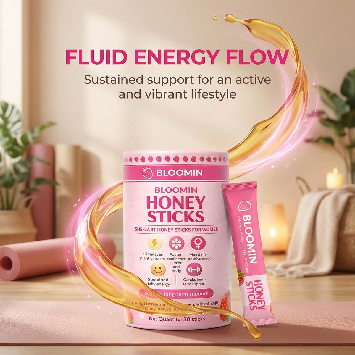 Bâtonnets de miel Bloomin au Shilajit avec fruits frais à côté