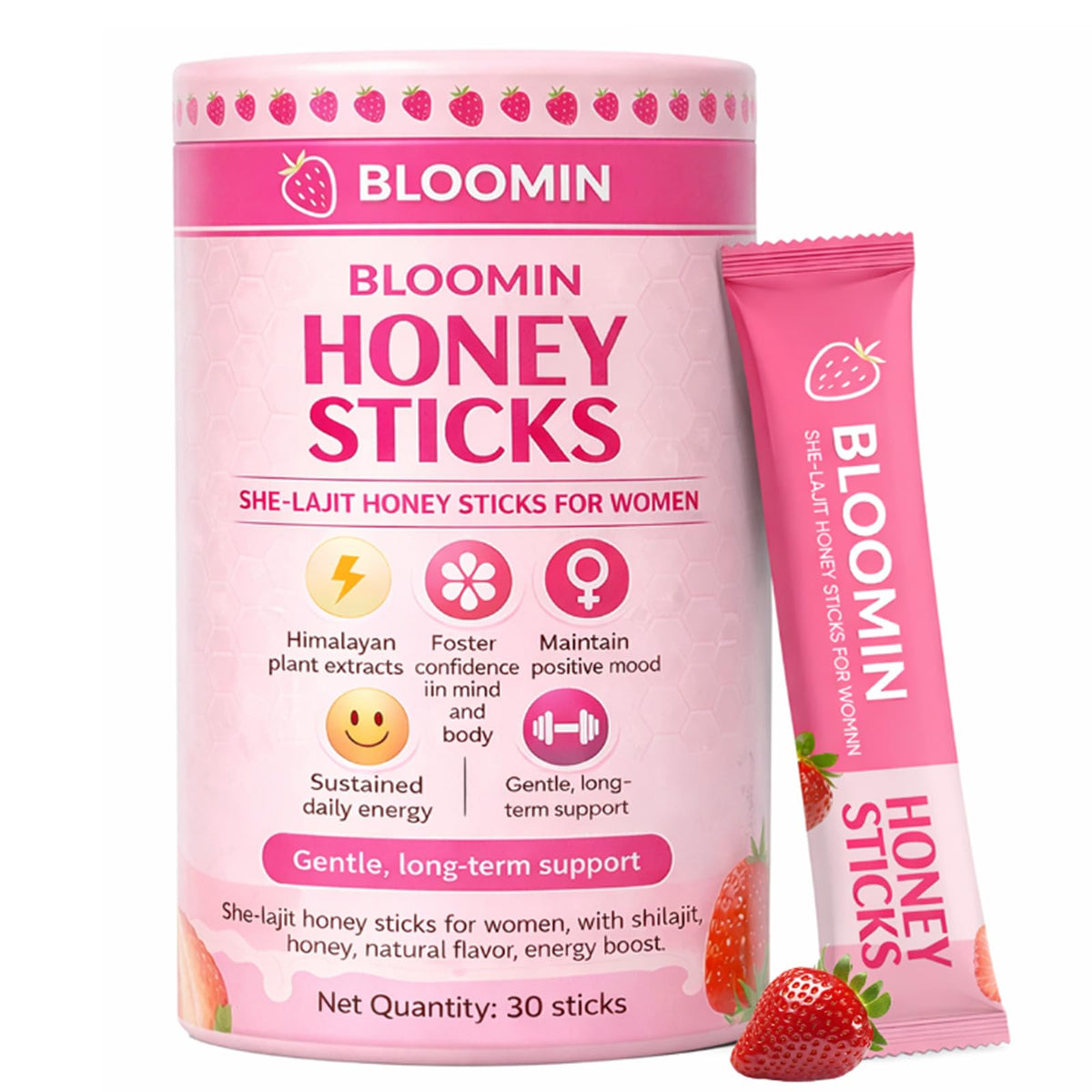 Bâtonnets de miel Bloomin au Shilajit, vue de l'emballage avant