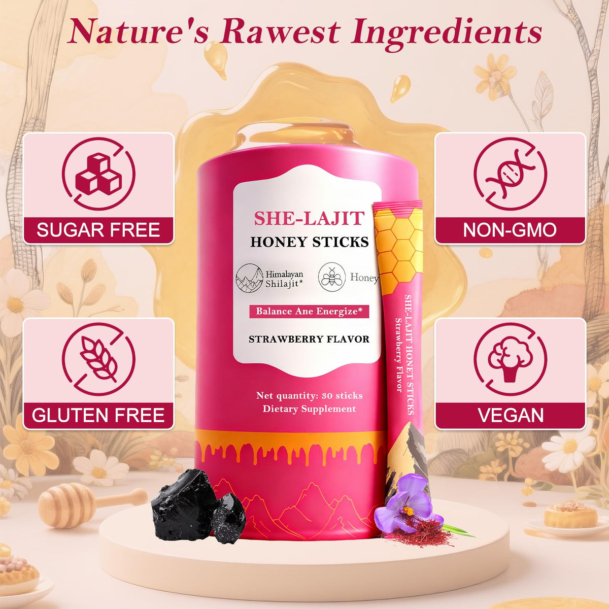 Bâtonnets de miel Shilajit GlossLuxe sur une table avec une tasse de thé