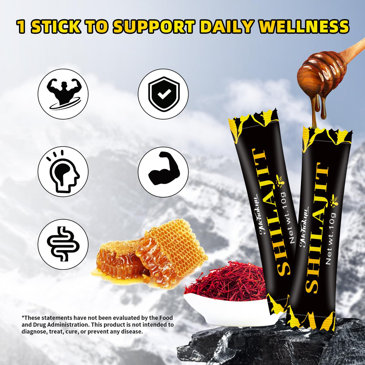 Bâtonnets de miel Shilajit Mchokuu avec une tasse de thé