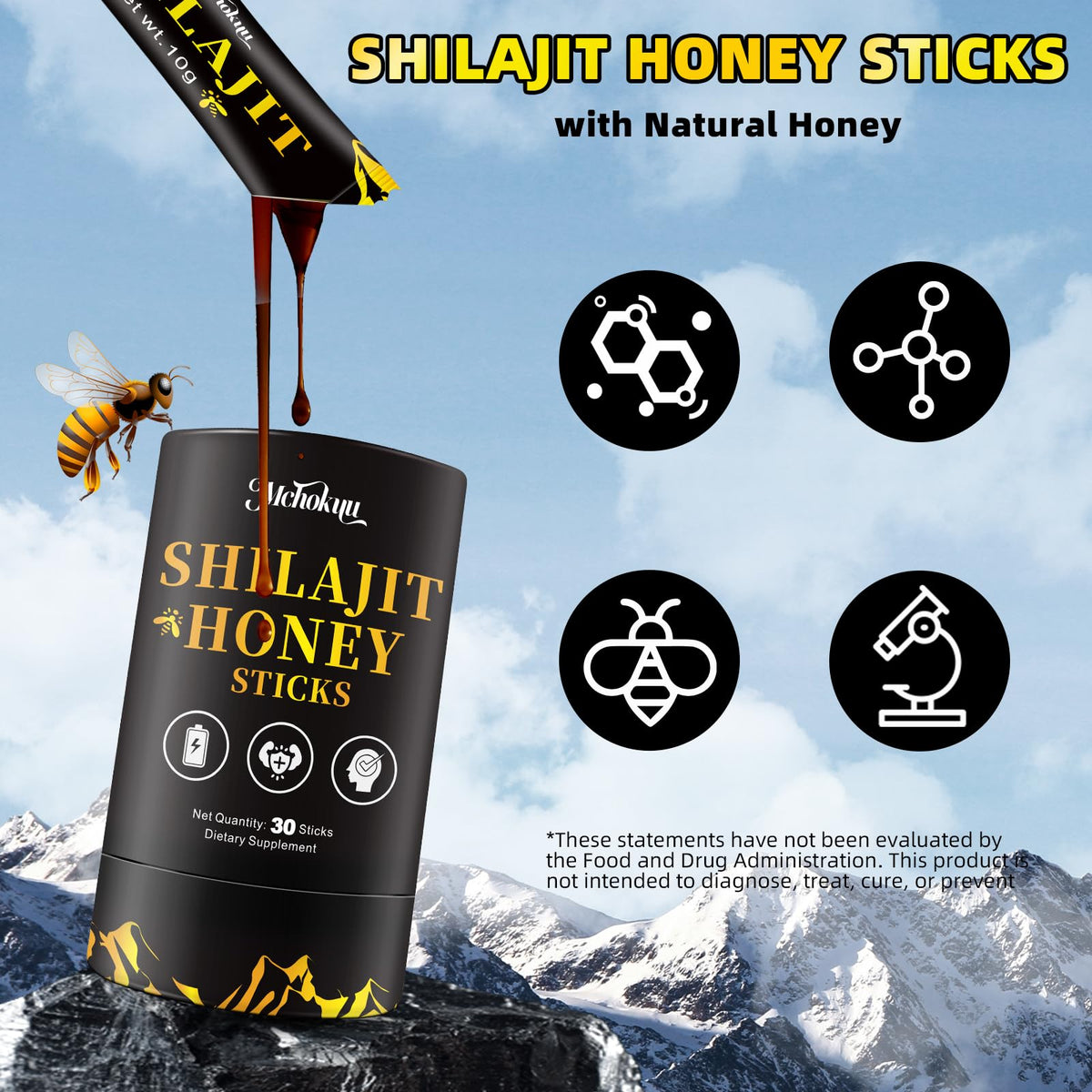 Bâtonnets de miel Shilajit Mchokuu sur une table en bois