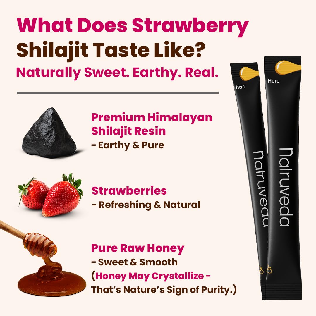 Bâtonnets de miel Shilajit Natruveda, goût fraise, en boîte