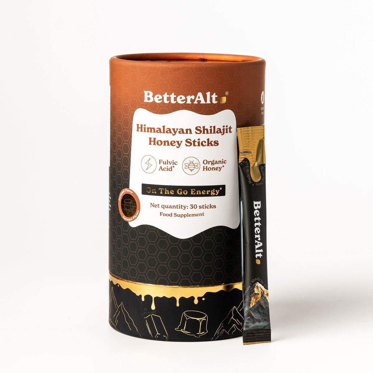 Bâtonnets de Shilajit au caramel et miel de Better Alt, boîte de 30 bâtonnets