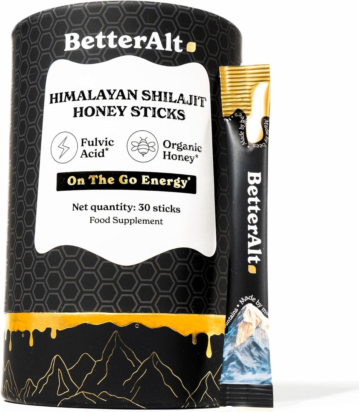 Bâtonnets de Shilajit Better Alt avec miel bio et safran, vue de face