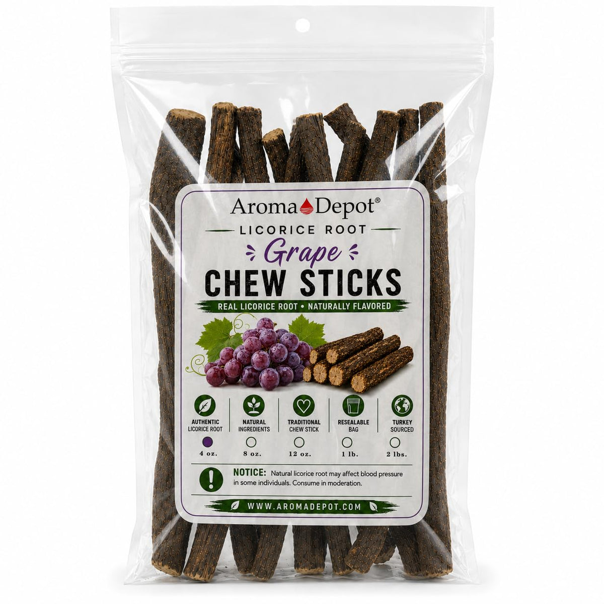 Bâtons à mâcher de racine de réglisse Aroma Depot dans un sachet zip transparent