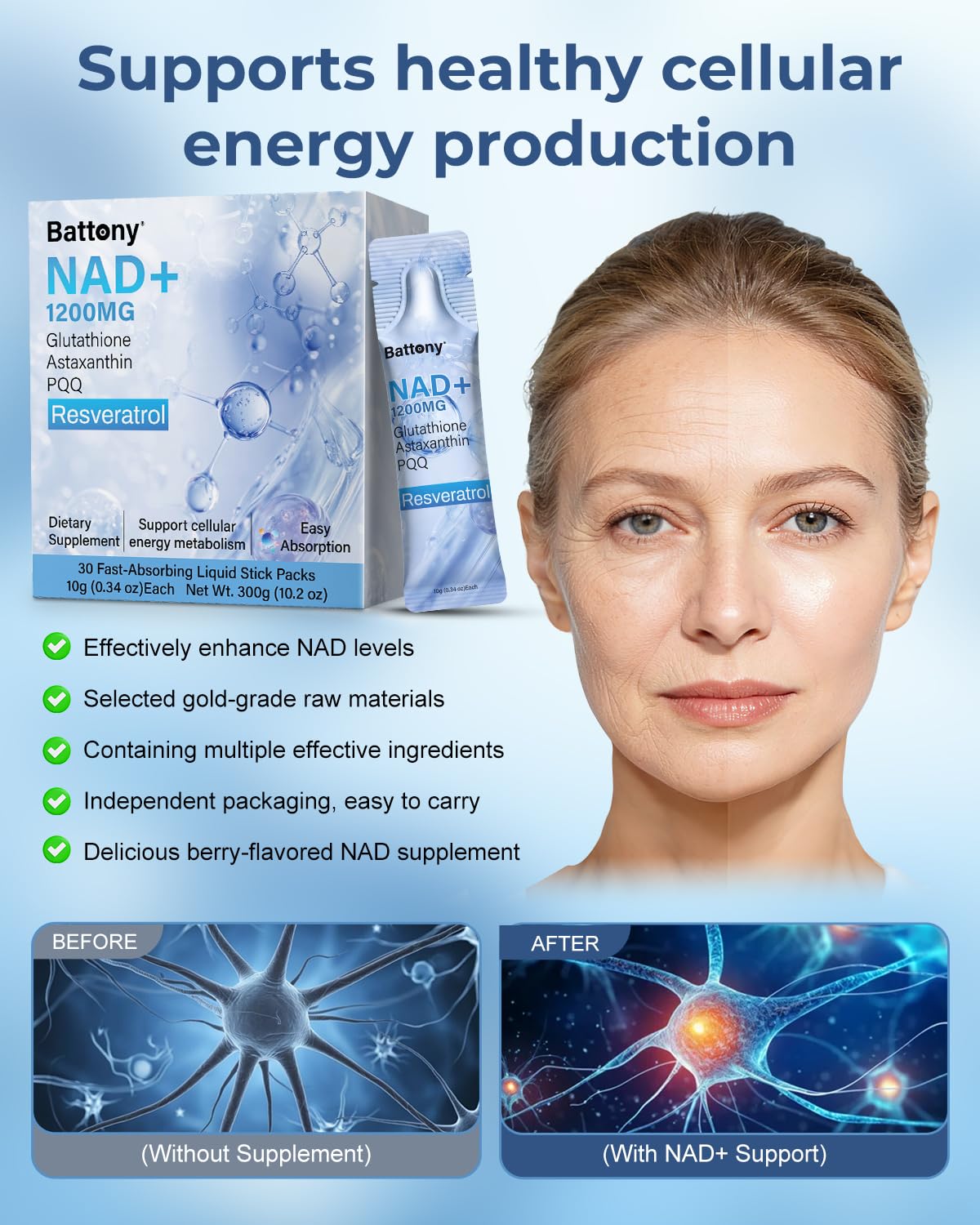 Battony NAD+ 1200mg sachets sur un fond blanc
