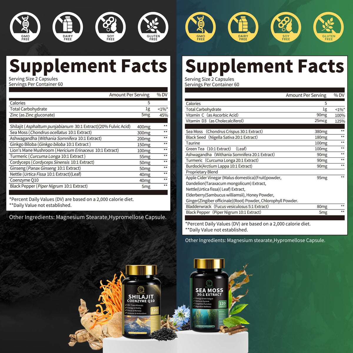 BBEEAAUU Shilajit et Mousse de Mer 240 capsules, étiquette détaillée