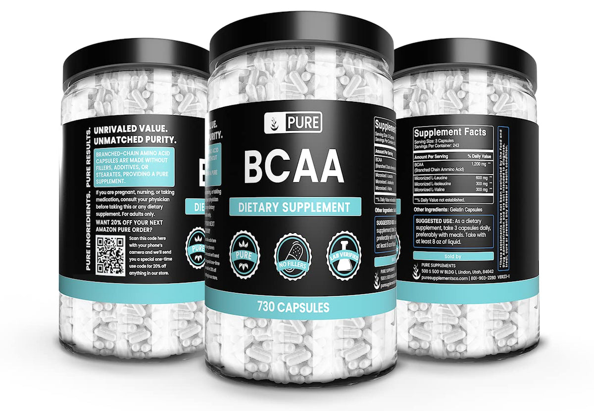 BCAA PURE ORIGINAL INGREDIENTS avec étiquette claire sur le côté