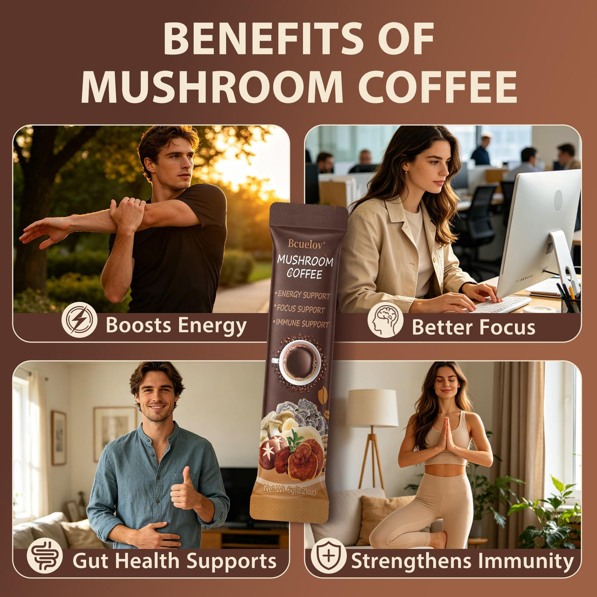 Bcuelov Café Champignon sachets alignés sur une table