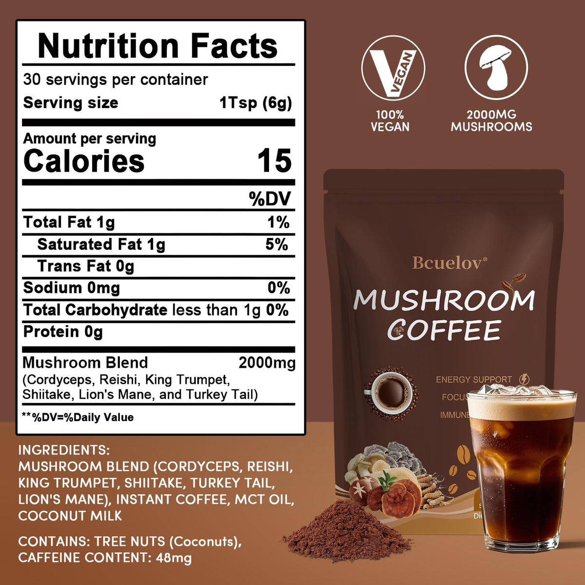 Bcuelov Café Instantané aux Champignons 2 Sachets avec préparation