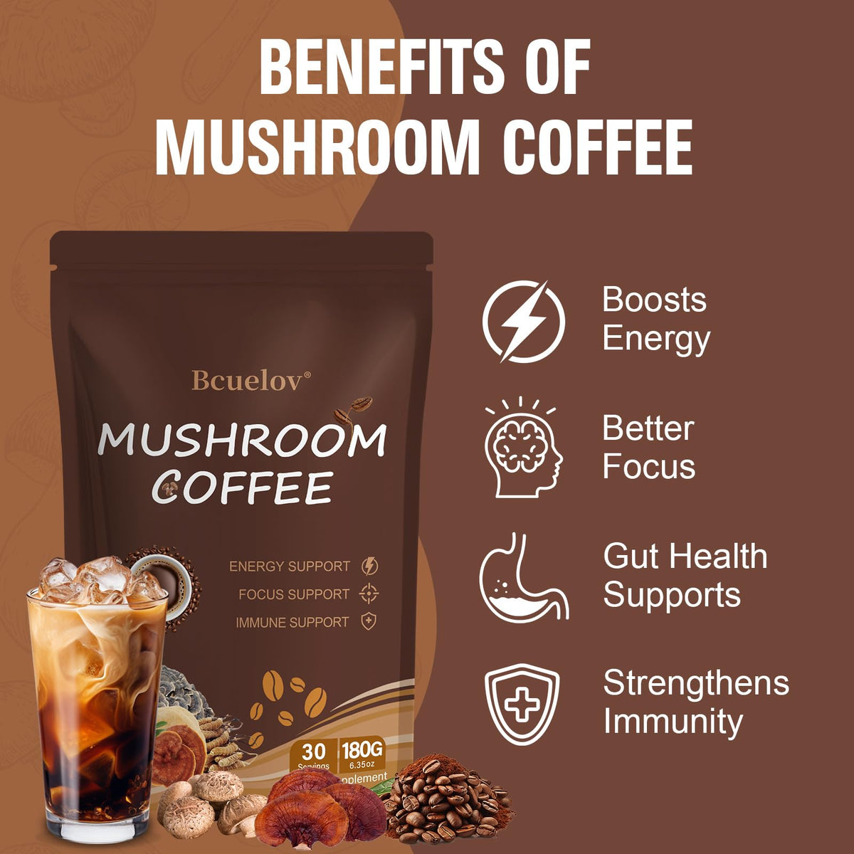 Bcuelov Café Instantané aux Champignons 2 Sachets et cuillère