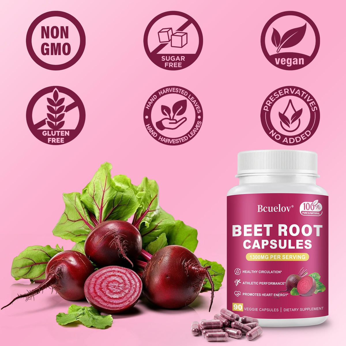 Bcuelov Capsules de Poudre de Betterave 1300mg - Capsules sur une surface