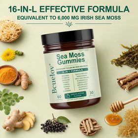 Bcuelov Gummies de Mousse de Mer 16-en-1 gummies à côté d'une pomme verte