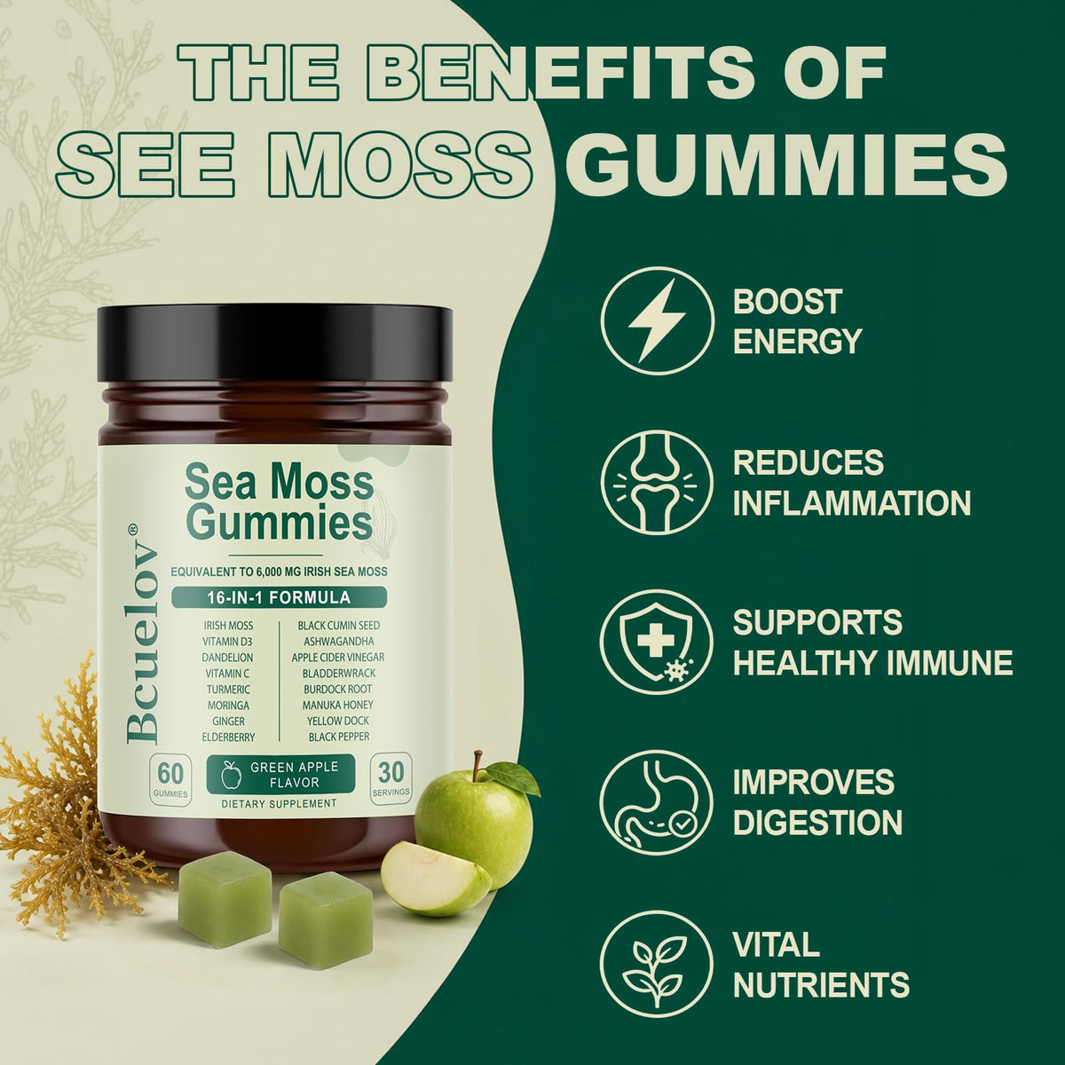 Bcuelov Gummies de Mousse de Mer 16-en-1 ingrédients sur l'étiquette