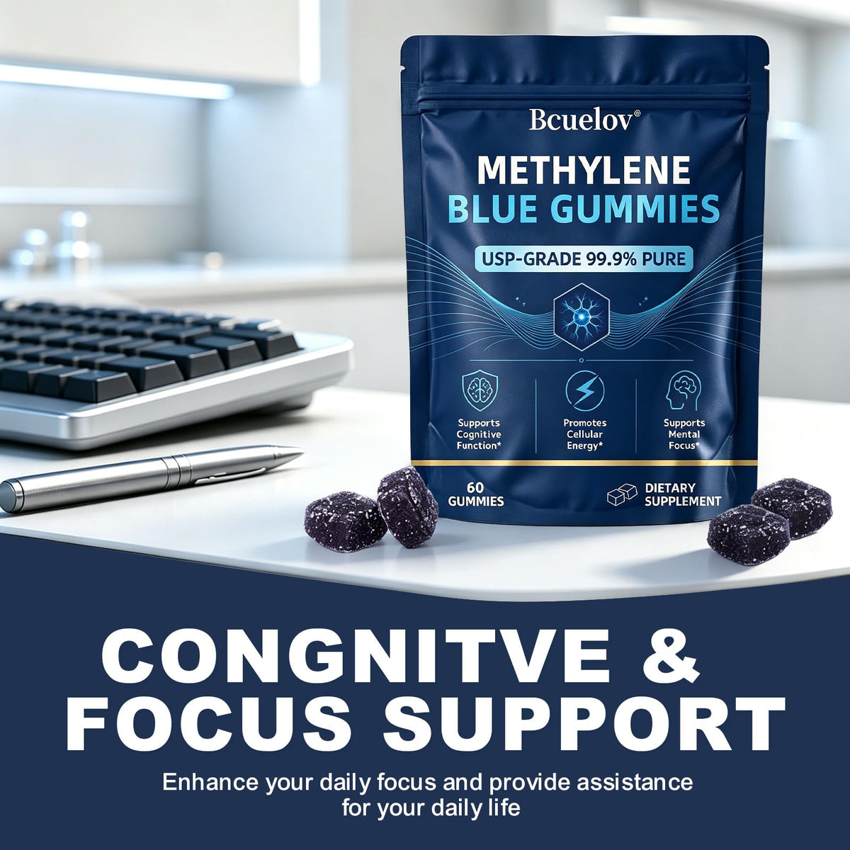 Bcuelov Gummies Methylene Blue 5mg sur fond neutre