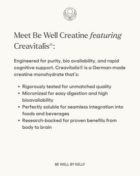 Be Well Créatine Creavitalis 450g sur une table avec des fruits
