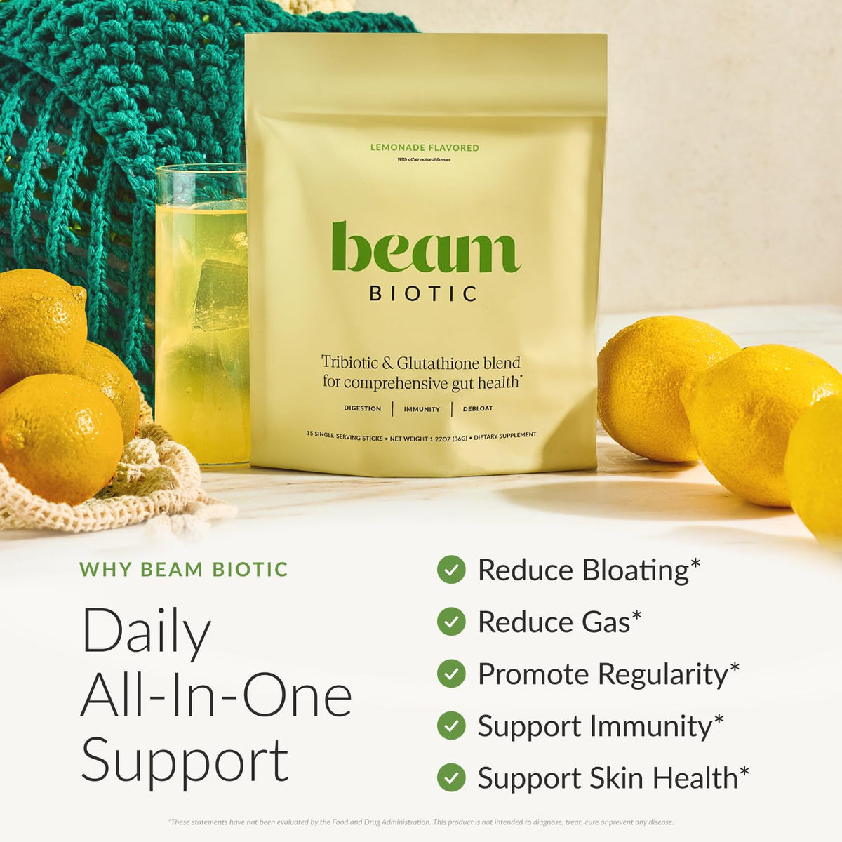 BEAM Biotic Probiotiques Poudre, vue de côté de l'emballage