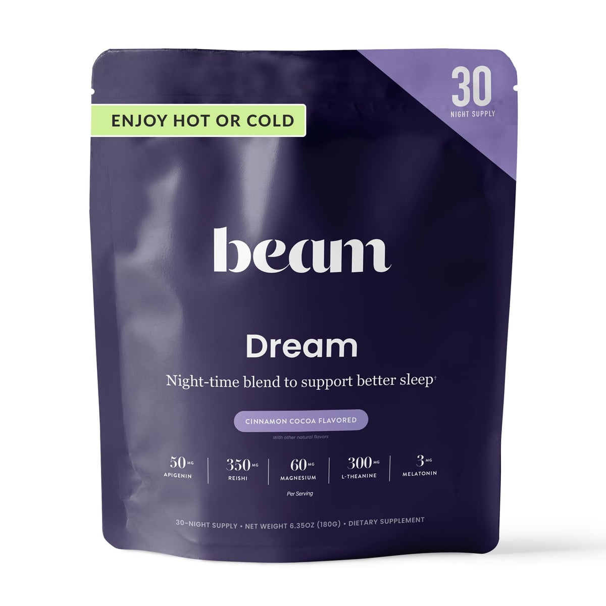 BEAM Dream Sleep Powder emballage avant avec chocolat chaud