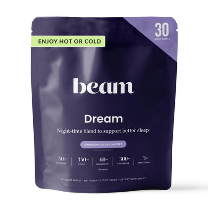 BEAM Dream Sleep Powder emballage avant avec chocolat chaud