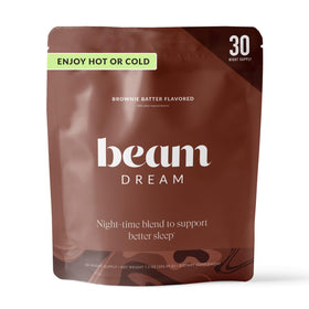 BEAM Dream Sleep Powder emballage avant avec mélange au chocolat