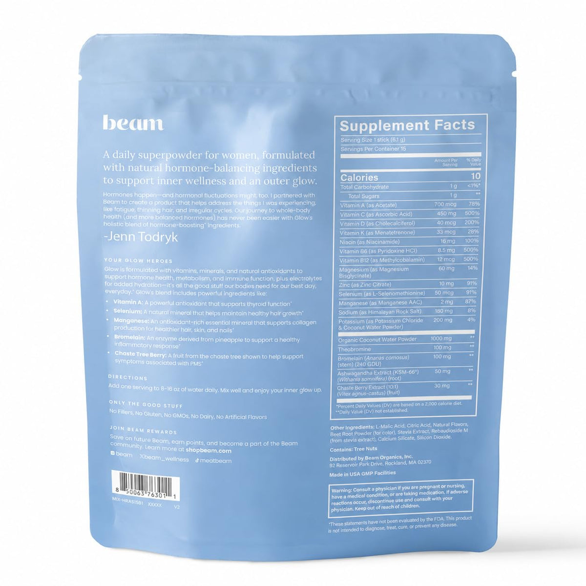 BEAM Glow complément alimentaire femme 15 portions framboise bleue avec verre d'eau